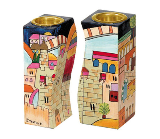 Yair Emanuel Hand-Painted Wood Fitted Candlesticks - Jerusalem Views - Culture Kraze Marketplace.com