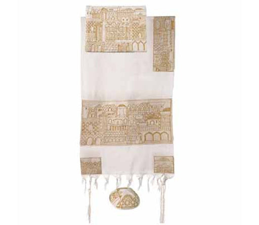 Yair Emanuel Woven Cotton Tallit Set Hand Embroidered Jerusalem Images - Gold - Culture Kraze Marketplace.com