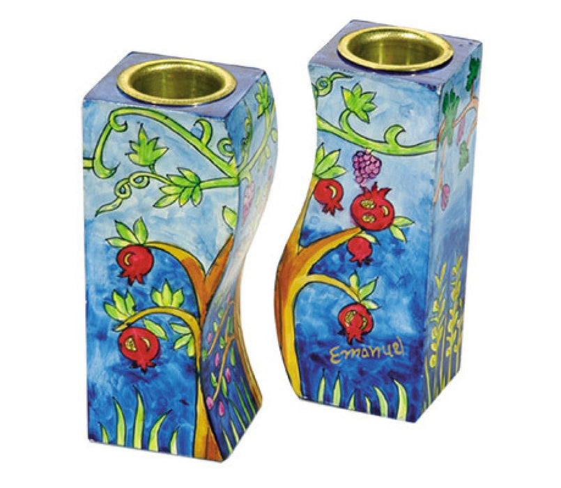 Yair Emanuel Hand-Painted Wood Fitted Candlesticks - Pomegranates - Culture Kraze Marketplace.com