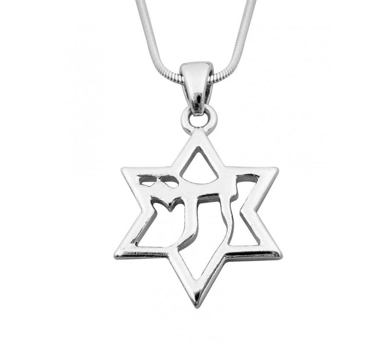 Rhodium Pendant Necklace Silver Star of David with Chai in Center - Culture Kraze Marketplace.com