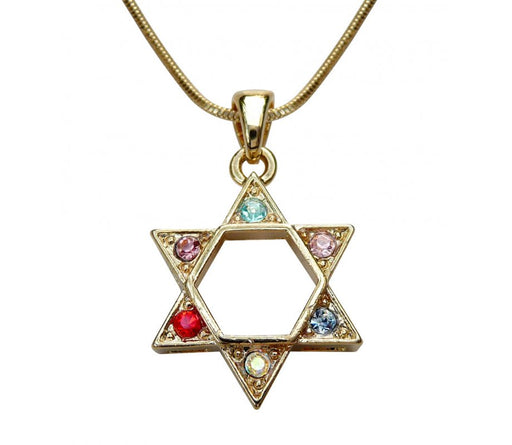 Rhodium Pendant Necklace, Gold Star of David with Colored Stones - Culture Kraze Marketplace.com