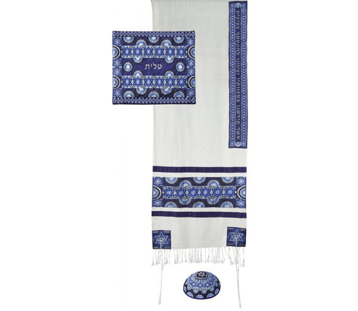 Yair Emanuel Embroidered Silk and Cotton Tallit Set, Stars of David - Blue - Culture Kraze Marketplace.com