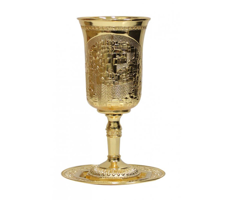 Cup of Elijah on Stem with Tray, Gold Nickel Plated - Jerusalem Design - Culture Kraze Marketplace.com