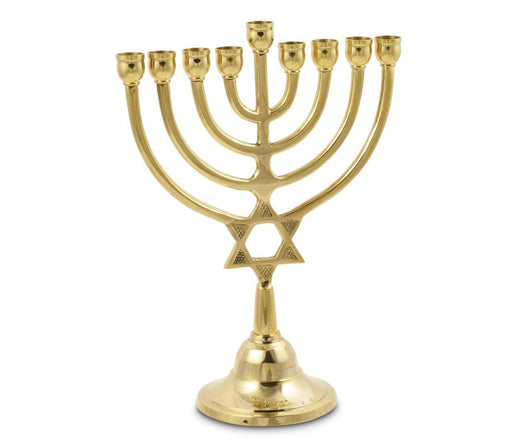 Gold Brass Chanukah Menorah with Star of David, For Candles - 9 Inches - Culture Kraze Marketplace.com