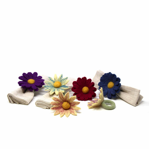 Hand Crafted Felt from Nepal: Set of 6 Napkin Rings, Assorted Daisies for Fall - Culture Kraze Marketplace.com