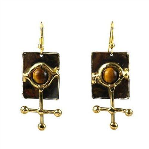 Gold Tiger Eye Ball and Jack Brass Earrings - Culture Kraze Marketplace.com