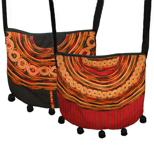 Large Black and Red Joyabaj Shoulder Purse with Ball Fringe made from a Huipil in Guatemala - 12-1/2" high x 12-1/2" wide