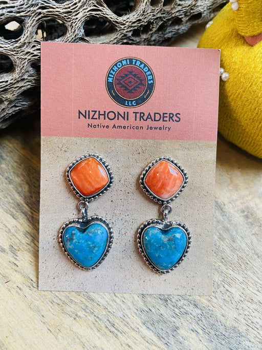 Navajo Sterling Silver, Orange Spiny & Turquoise Heart Dangle Earrings - Culture Kraze Marketplace.com