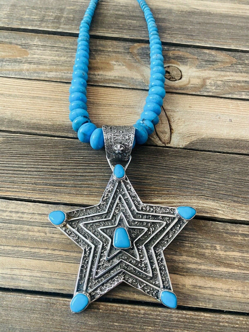 Navajo Turquoise & Sterling Silver Tufa Cast Star Beaded Necklace - Culture Kraze Marketplace.com
