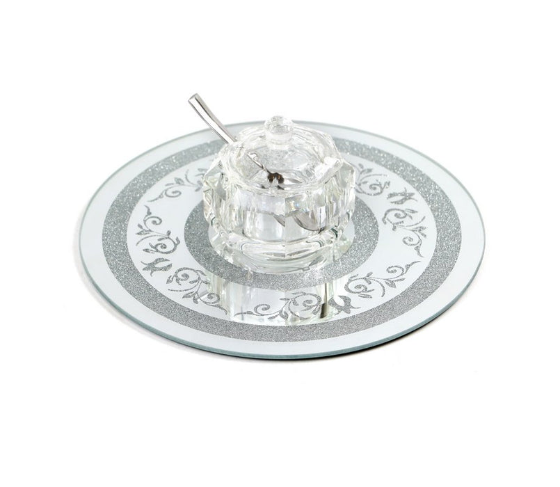 Crystal Honey Dish with Lid and Spoon on Circular Decorative Crushed Glass Tray - Culture Kraze Marketplace.com