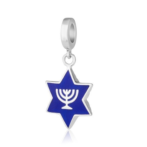 Sterling Silver Bracelet Charm - Blue Star of David with Menorah Image - Culture Kraze Marketplace.com