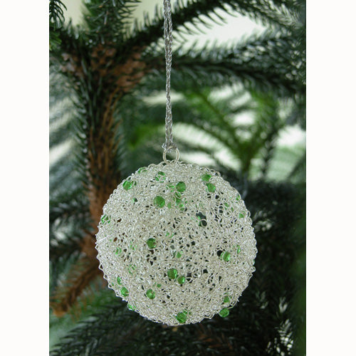<center>Silver Wire Ball Christmas Ornament w/ Green Beads</br>Measures: 3" diameter</center>