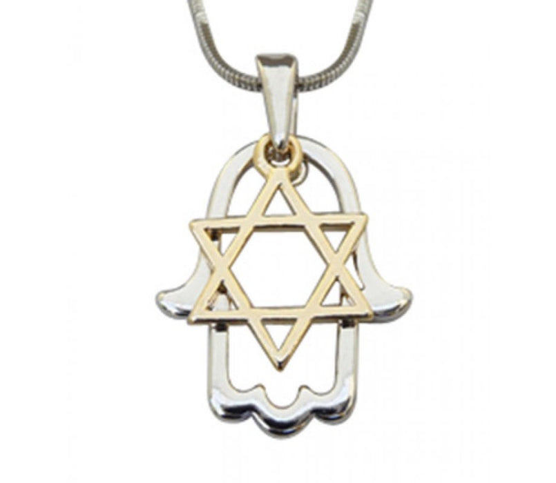 Rhodium Two Tone Pendant Necklace - Silver Hamsa and Gold Star of David - Culture Kraze Marketplace.com