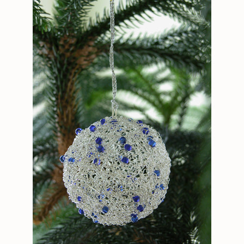 <center>Silver Wire Ball Christmas Ornament w/ Blue Beads</br>Measures: 3" diameter</center>