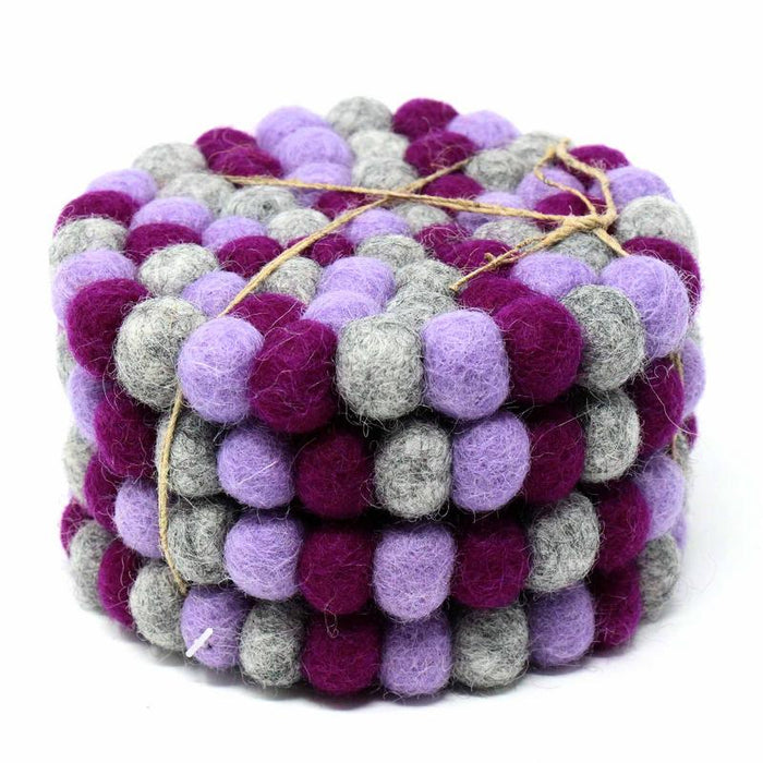 Hand Crafted Felt Ball Coasters from Nepal: 4-pack, Chakra Purples - Global Groove (T) - Culture Kraze Marketplace.com
