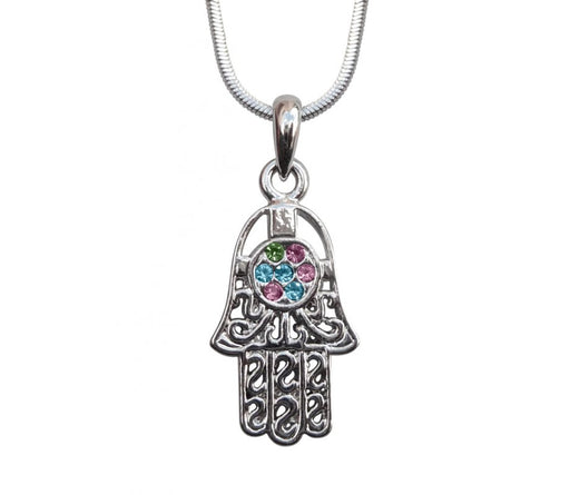 Rhodium Pendant Necklace - Hamsa with Colored Stones - Culture Kraze Marketplace.com