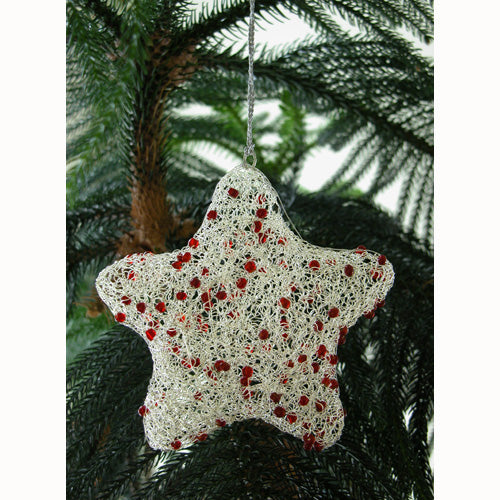 <center>Silver Wire Star Christmas Ornament w/ Red Beads</br>Mearsures: 6" high x 6" wide</center>