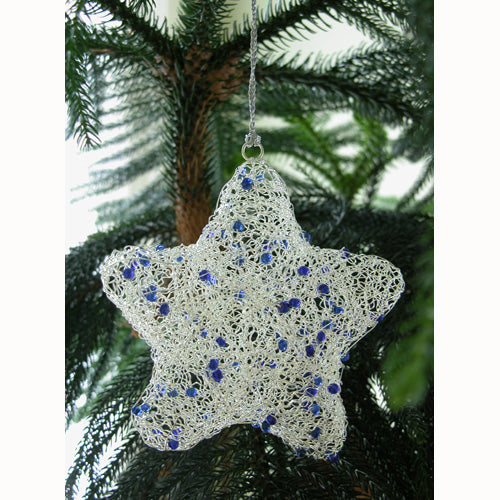 <center>Silver Wire Star Christmas Ornament w/ Blue Beads</br>Mearsures: 6" high x 6" wide</center>
