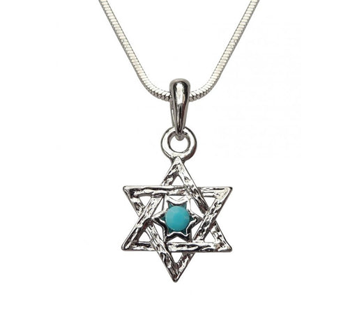 Rhodium Pendant Necklace - Double Star of David Necklace with Blue Stone - Culture Kraze Marketplace.com