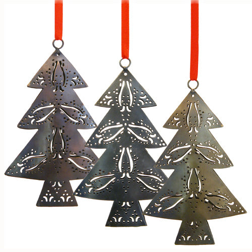 <center>Iron, Bronze, and Copper Christmas Tree Ornaments</br>made from Recycled Metal</br>Measures: 6-1/4" high x 4" wide</center>