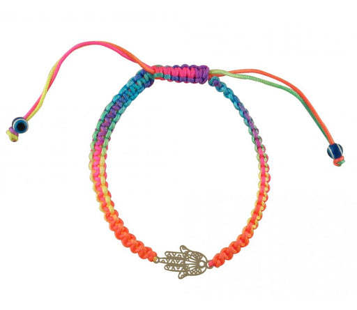 Neon Multicolor Braided Cord Bracelet - Silver Hamsa - Culture Kraze Marketplace.com