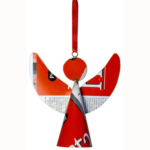 <center>Angel Christmas Ornament made from Recycled Metal</br>Assorted Red Colors</br>Measures: 4-1/2" high x 5" wide</center>