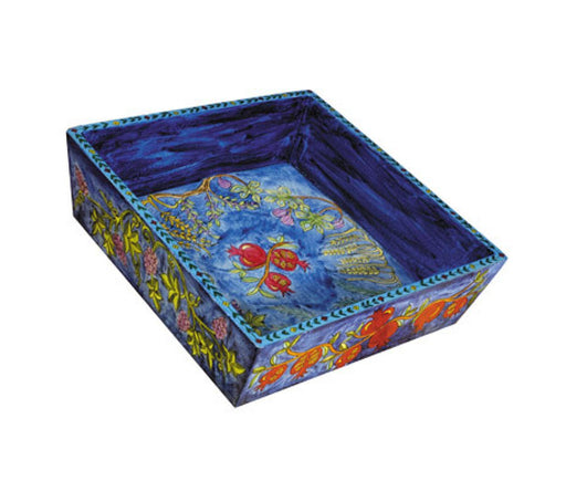 Yair Emanuel Hand Painted Wood Blue Matzah Tray - Seven Species - Culture Kraze Marketplace.com