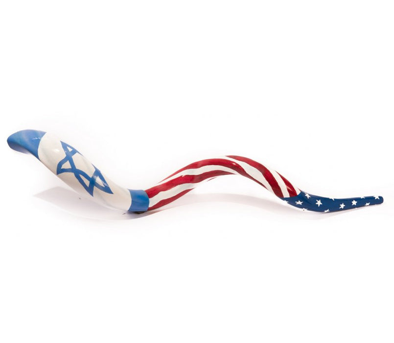 Hand Painted Yemenite Shofar with United States - Israel Flag - Culture Kraze Marketplace.com