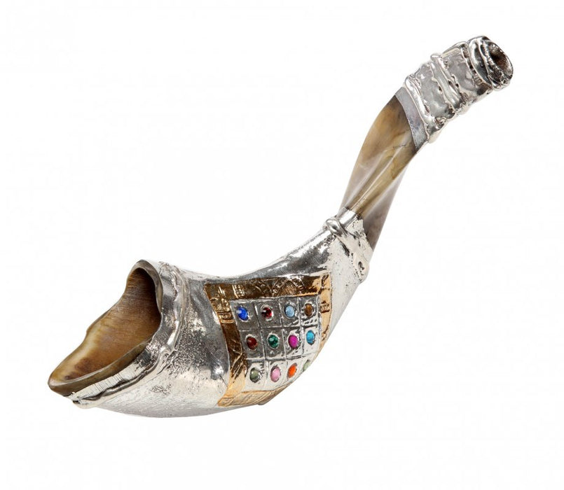 Sterling Silver Ram's Horn Shofar - Choshen Breastplate with Colorful Stones - Culture Kraze Marketplace.com