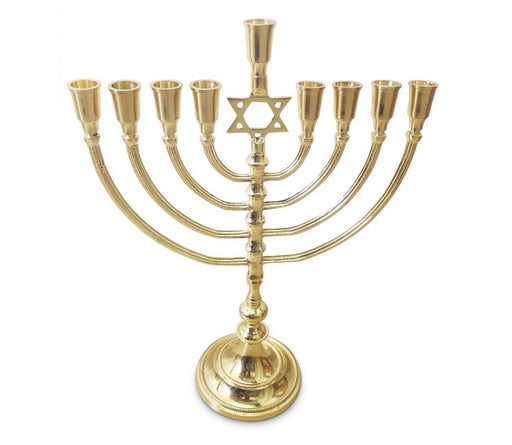 Gleaming Gold Chanukah Menorah with Star of David, Oil or Candles - 14 Inches - Culture Kraze Marketplace.com