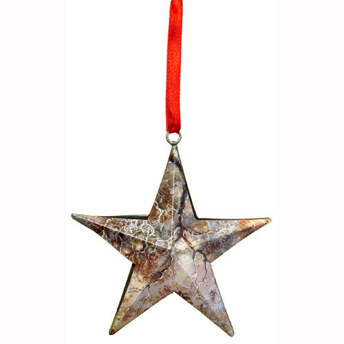 <center>Star Christmas Ornaments made from Upcycled Metal</br>Assorted Colors</br>Measures: 4-1/2" high x 4-1/2" wide</center>