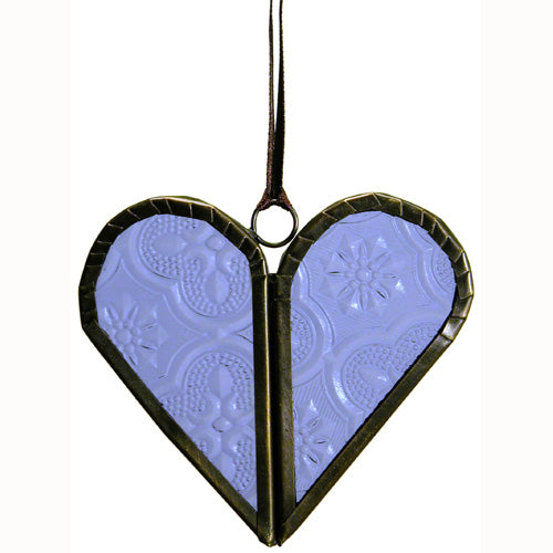 <center>Hinged Metal and Glass Heart Christmas Ornaments - Blue</br>Measures: 3" high x 3" wide</center>