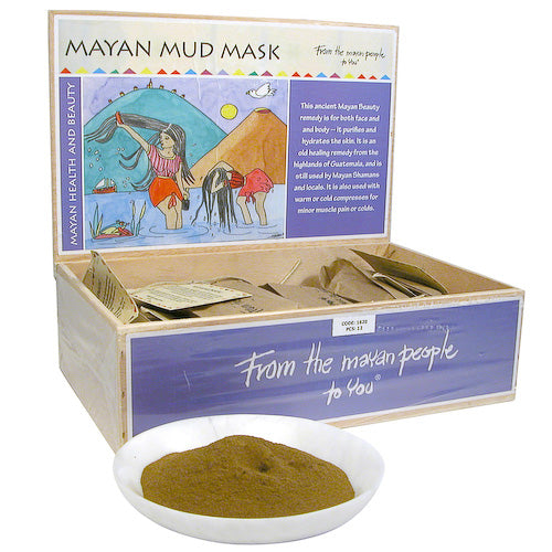 <center>Mayan Mud Mask produced in Guatemala </br>Display Box Measures 3-1/2” high x 11” wide x 8” deep</br>Each box contains 12, 3.5 oz packages of Guatemalan Mud Mask </center>