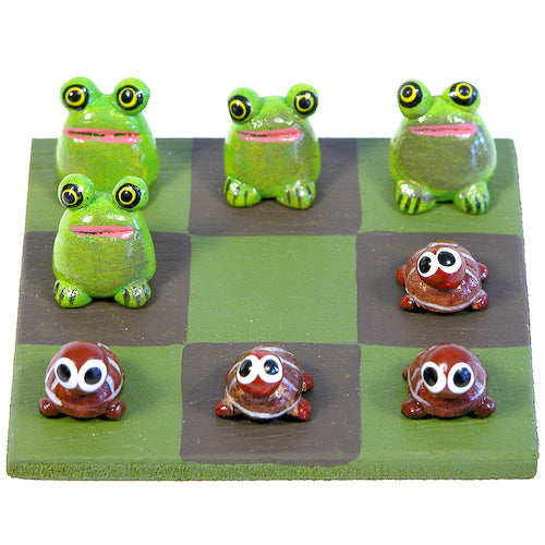 <center>Frogs vs. Turtles Tic-Tac-Toe Game crafted by Artisans in Guatemala </br> Each Board  Measures 3-1/2” x 3-1/2”, with 1/4-3/4” game pieces</center>