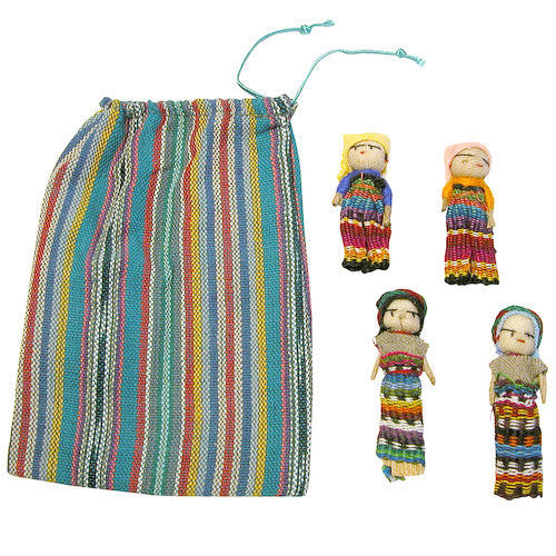 <center>Four Worry Dolls in a Bag crafted in Guatemala </br> Each Bag Measures 5-1/4” tall x 4” wide, with 2-1/4” tall dolls inside</center>