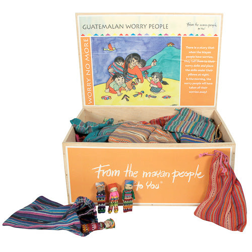 <center>Four Worry Dolls in a Bag crafted in Guatemala </br> 48 Piece Display Box Measures 5-1/4” high x 11-3/4” wide x 9” deep</center>