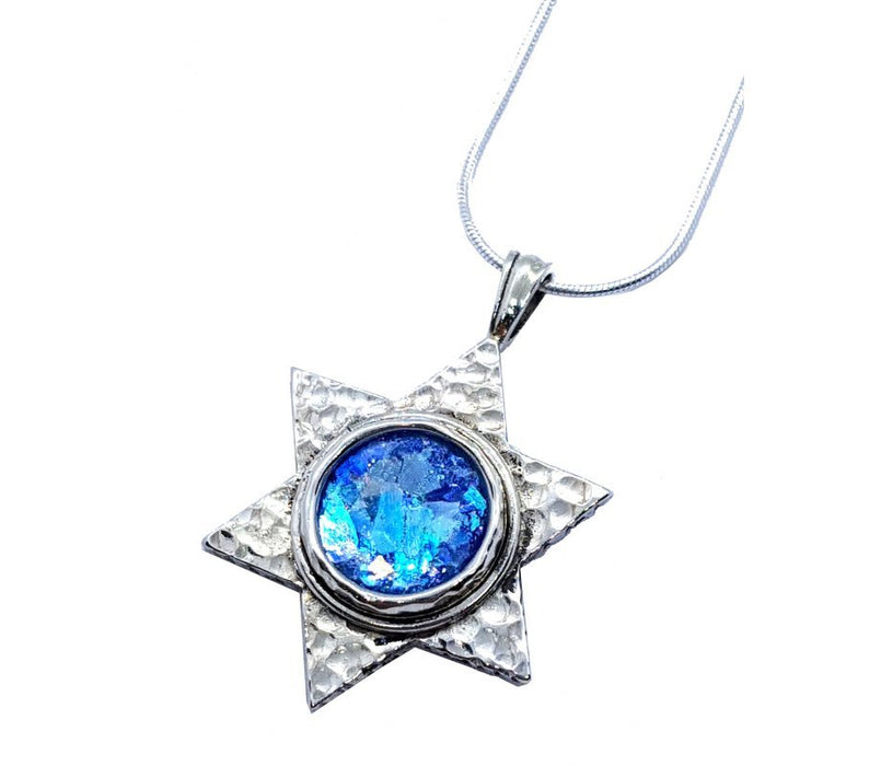Roman Glass Hammered 925 Sterling Silver Necklace with Star of David - Culture Kraze Marketplace.com