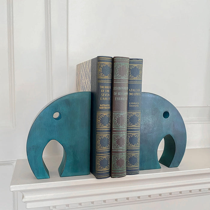 Teal Elephant Book Ends, Carved Gorara Soapstone - Culture Kraze Marketplace.com