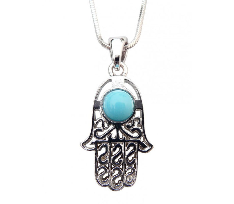 Rhodium Pendant Necklace - Hamsa with Blue Stone - Culture Kraze Marketplace.com