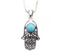 Rhodium Pendant Necklace - Hamsa with Blue Stone - Culture Kraze Marketplace.com