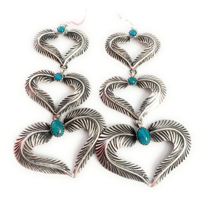Navajo Turquoise & Sterling Silver Feather Heart Dangle Earrings - Culture Kraze Marketplace.com