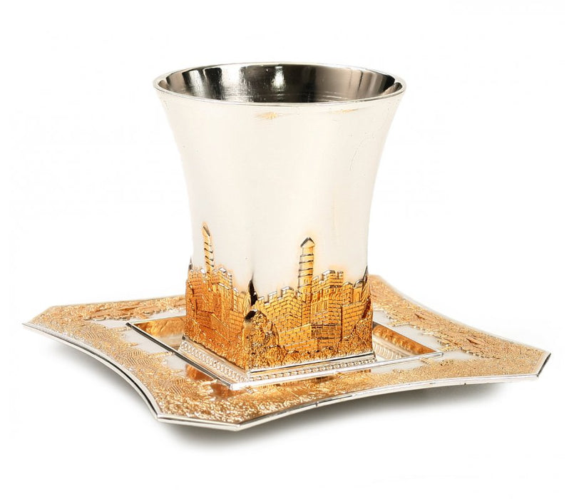 Silver Plated Kiddush Cup and Tray with Gold Accents - Square Tray - Culture Kraze Marketplace.com