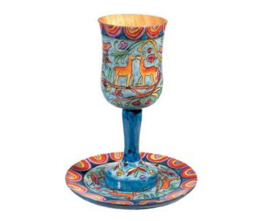 Yair Emanuel Hand Painted Large Wood Kiddush Cup with Coaster - Jerusalem Scenes - Culture Kraze Marketplace.com