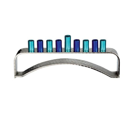 Hammered Aluminum Curved Chanukah Menorah - Blue and Turquoise Candleholders - Culture Kraze Marketplace.com