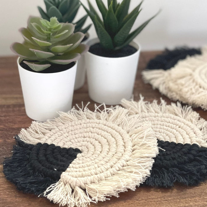 Macrame Coasters in Charcoal with fringe, Set of 4 - Culture Kraze Marketplace.com