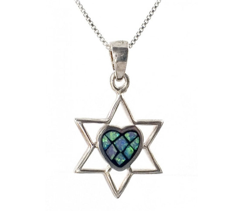 Silver and Opal Star of David with Heart Pendant - Culture Kraze Marketplace.com