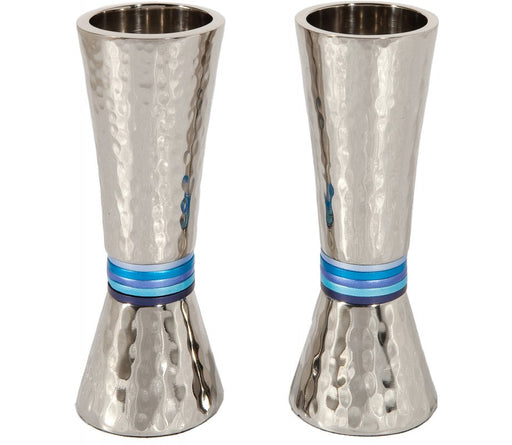 Yair Emanuel Hammered Nickel Cone Candlesticks - Colored Rings - Culture Kraze Marketplace.com