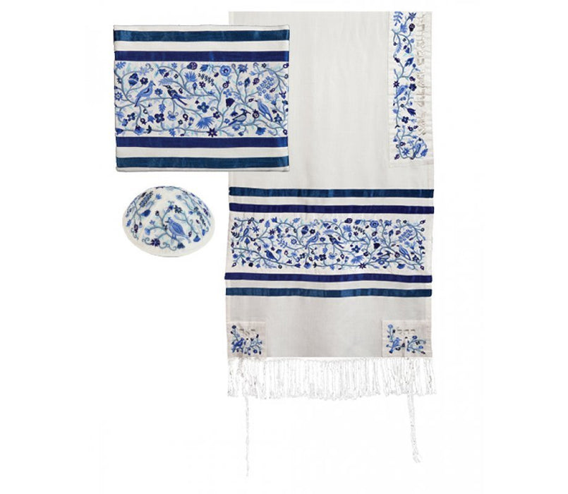Yair Emanuel Embroidered Cotton Silk Tallit Set, Trees and Birds - Blue - Culture Kraze Marketplace.com