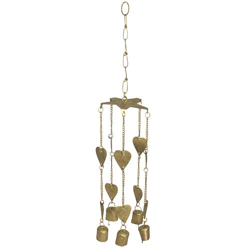 <center>Metal Heart Chime </br>Crafted by Artisans in India </br>Hangs 19” tall, with 3-3/4” diameter top</center>