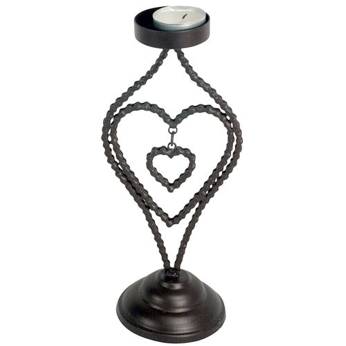 <center>Bicycle Chain Heart Candle Holder </br>Crafted by Artisans in India </br>Stands 9-3/4” high x 4-1/4” wide, with a 3-1/4” diameter base</center>